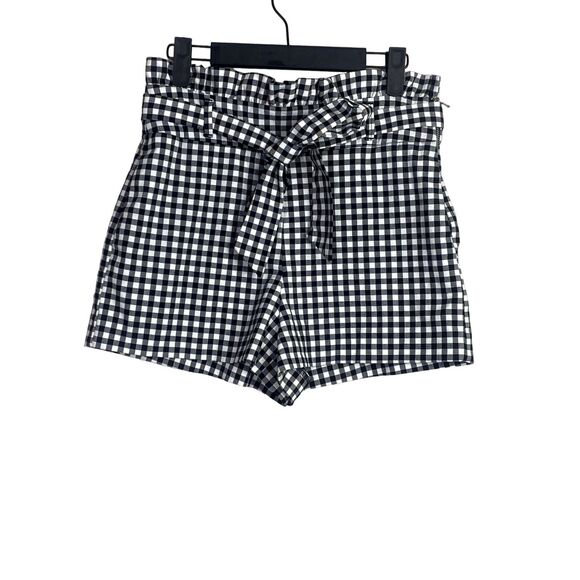 ZARA Paperbag Checker Tie Shorts Hi Waist Ruffles Side Zip Pockets S Black White - Picture 3 of 15